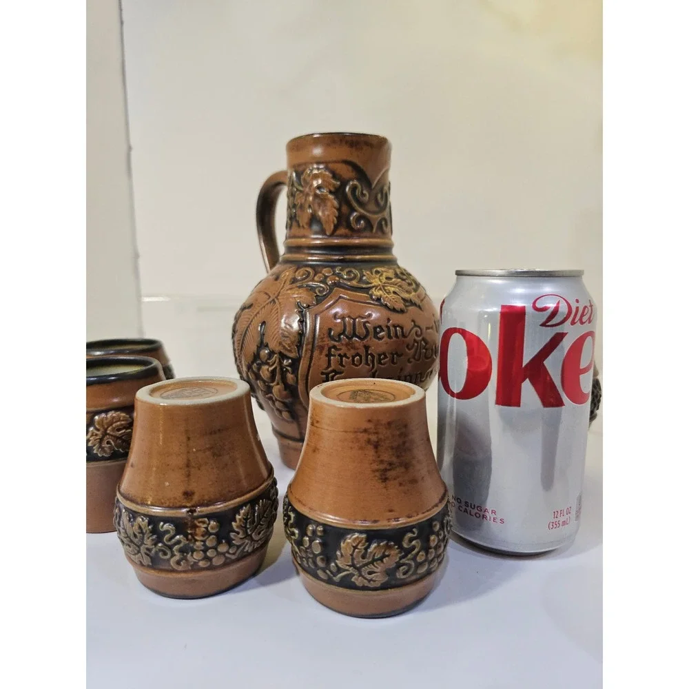 Vintage Gertz German‎ Pottery Pitcher 6 Cups Wine Set Grape Leaf Design MCM